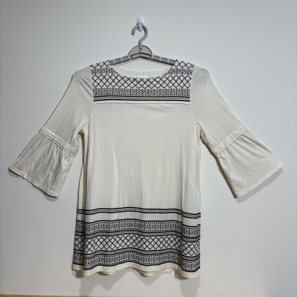 J. Jill Ivory Black Embroidered Boho Bell Sleeve Tunic Top Shirt Women's Medium